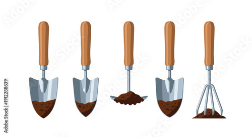 Assortment of five garden hand tools, including various shovels and a small cultivator, featuring natural wood handles and soil.