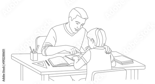 Father assisting child with homework at the desk together.