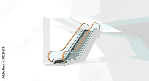 Modern empty escalator with light wooden handrails and gray steps moving upwards within a bright interior space.