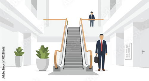 Businessman in a suit with a briefcase standing at the base of a modern escalator in a spacious, bright building lobby.