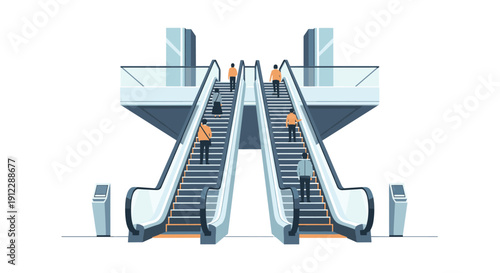 Pair of modern escalators with people ascending and descending in a busy public building, featuring clear glass barriers.