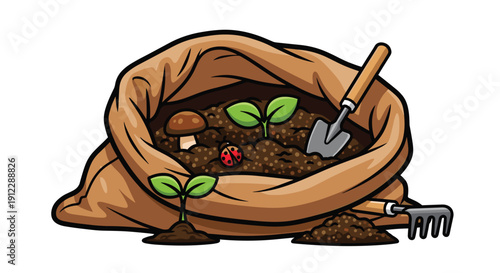 Two green plant sprouts emerge from a brown burlap sack of soil with a mushroom, ladybug, trowel, and rake.