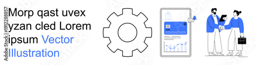 Business collaboration, teamwork, digital analytics, data processing, corporate partnerships, and technology progress. Gear icon, mobile analytics and handshake illustration. Business collaboration