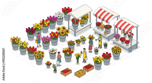 An isometric bustling flower market displays countless buckets of tulips and sunflowers with vendors and customers.