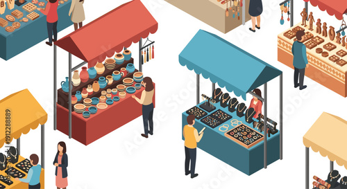 An isometric lively artisan market features various stalls selling pottery, jewelry, and crafts with people browsing.