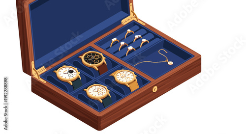 Open wooden jewelry box displaying luxury wristwatches with leather straps, gold rings, and a delicate pearl necklace.