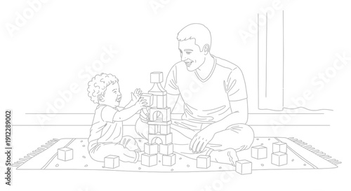 Father and child playing together with wooden blocks on the floor.