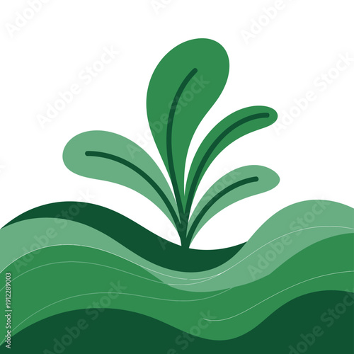 A stylized illustration of a green plant growing in the ground with wavy lines