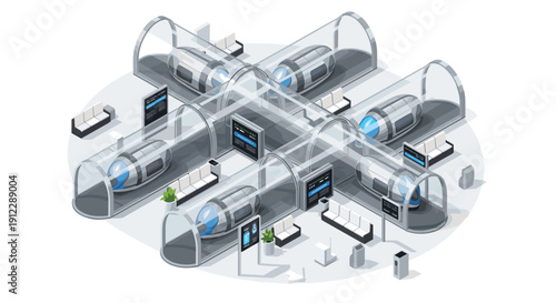 Futuristic isometric transportation hub with modular capsule vehicles and passenger waiting areas.