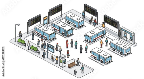 Isometric illustration of a busy city bus station with multiple buses, waiting passengers, and information displays.