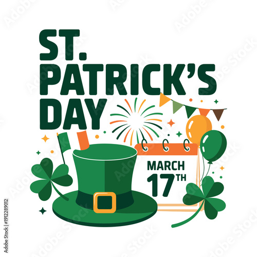A festive illustration celebrating St. Patrick's Day with a green hat and shamrocks on March 17th