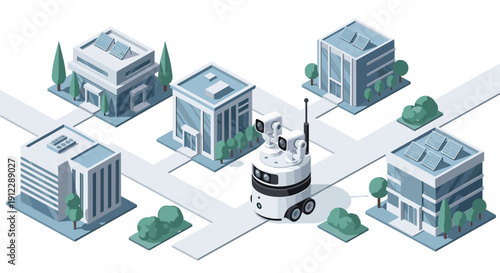 Autonomous security robot patrolling a city street surrounded by modern buildings with solar panels.
