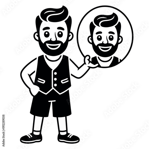 A cartoon man holding a mirror with his reflection in a stylish outfit