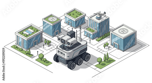 Robust autonomous delivery robot with multiple cameras traversing a city layout with modern buildings and green roofs.