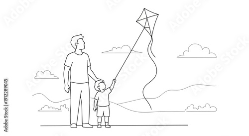 Father and son flying a kite together outdoors.