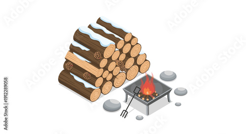 Stack of snow-covered logs and pinecones beside a burning outdoor fire pit with a poker.