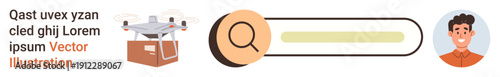 Ecommerce, logistics, technology, profile management, quadcopter delivery, online searches. Quadcopter carrying a package, search bar user icon. Ecommerce and logistics concept for modern technology