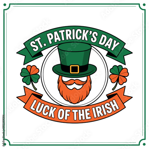 A festive St. Patrick's Day logo featuring a leprechaun's face with a green hat and orange beard surrounded by shamrocks.