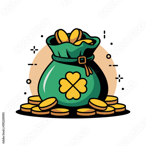 A cartoon illustration of a green bag filled with gold coins and a four-leaf clover on it.