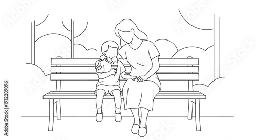Mother and child sitting together on a park bench.