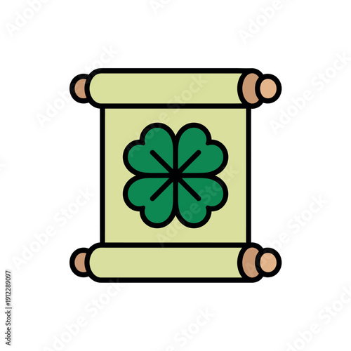 A cartoon illustration of a green four-leaf clover on a yellow scroll