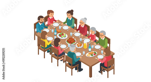 Large multi-generational family gathered around a long dining table, eating a festive holiday meal together at home.