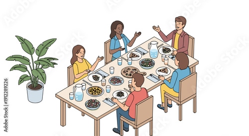 Group of diverse friends sitting around a dining table, sharing pizzas and salads in a casual home setting.
