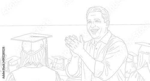 Man applauding in a classroom with students wearing graduation caps.