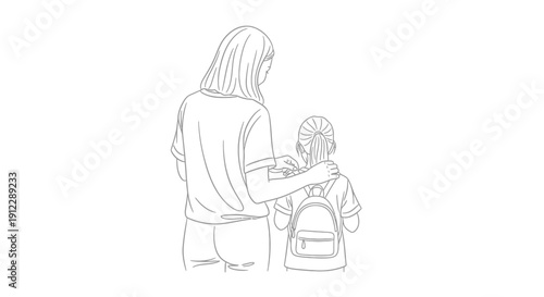 Mother helping child with backpack before going to school.