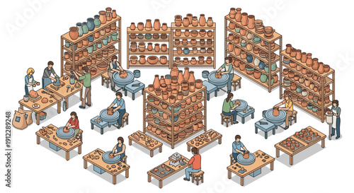 Isometric view of a busy pottery workshop with artisans shaping clay on wheels, surrounded by shelves of ceramic pots.