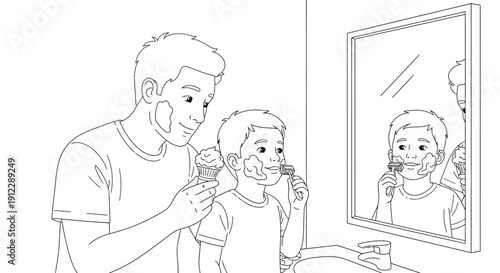 Father teaching son to shave in front of mirror.