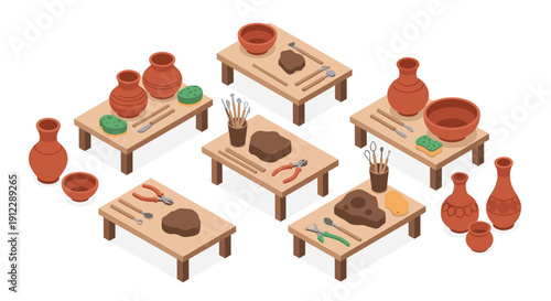 Isometric view of pottery making tables with raw clay, unfinished ceramic pieces, and various specialized tools.