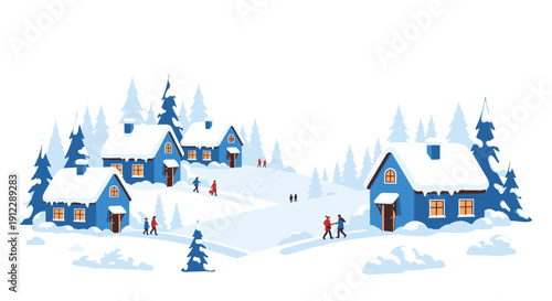 People walk on snow-covered hills around blue houses nestled among pine trees in a charming winter village landscape.