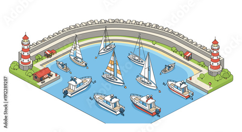 Isometric view of a large marina with numerous yachts and motorboats moored by piers, featuring two lighthouses.