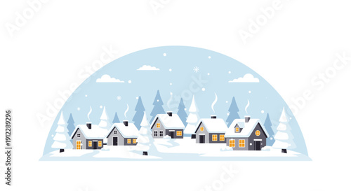 Snow falls gently over a cozy village with grey houses emitting warm light amidst snowy pine trees under a cold sky.