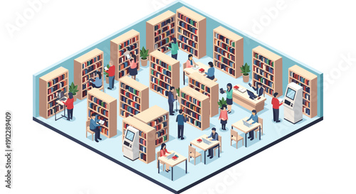 An isometric overhead view of a bustling library interior filled with many bookshelves and various people reading, working, and studying.