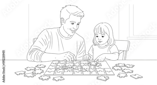 Father and daughter engaged in a jigsaw puzzle together at home.