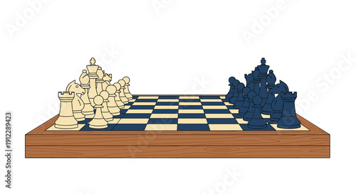 A wooden chessboard is set up with opposing armies of white and blue chess pieces ready for the start of a new game.