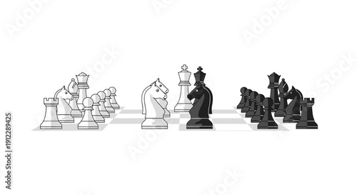 A monochrome chess board with black and white pieces partially set up, featuring a knight and kings in an active game.