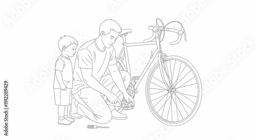 Father and son fixing bicycle together outdoors.