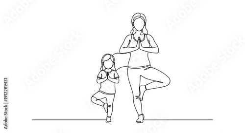 Mother and daughter practicing yoga together in a serene environment.