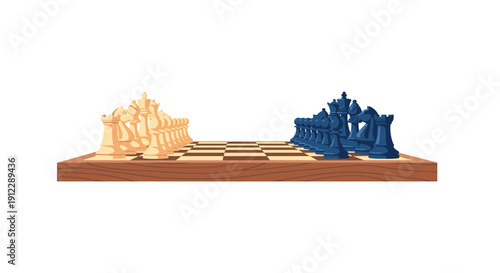 A chess board with all white and blue chess pieces arranged in their starting positions, ready for a strategic game.