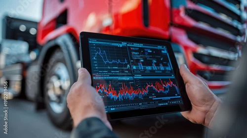 Technician Using Tablet with Data Analytics to Inspect and Diagnose Truck Performance