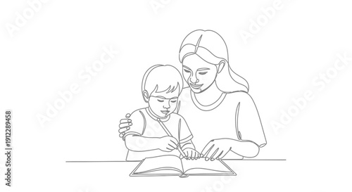 Mother and Child Reading Together in Simple Line Art.