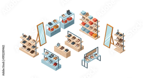 Isometric isolated elements of a shoe store including various display stands, shelving units, and full-length mirrors.