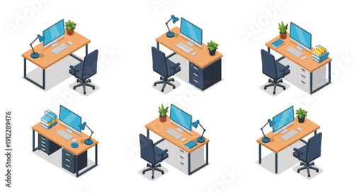 Six isometric representations of fully equipped office desks with computers, chairs, lamps, and various office supplies.