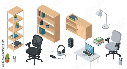 Isometric collection of various office furniture and accessories including shelves, chairs, lamps, a laptop, and headphones.
