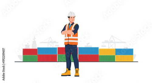 A young male construction worker with crossed arms and a white hard hat stands prominently before stacked shipping containers.