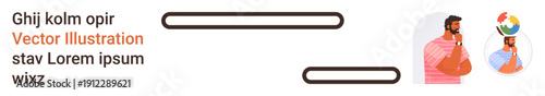 Online research, decision-making, global connectivity, internet search, knowledge exploration, digital tools. A man thinking beside a search bar and globe icon. Online research and decision-making
