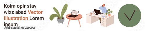 Office productivity, work environment, remote work, task management, workplace essentials, organization. Scene includes a desk setup with a laptop, plant and checkmark icon. Office productivity